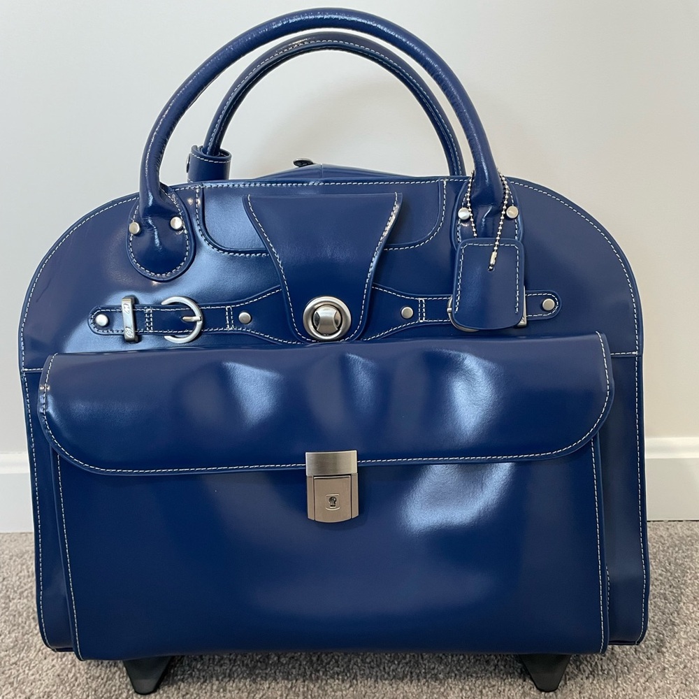 McKlein Edgebrook Navy Leather Rolling Briefcase Laptop Bag Lock Key - Picture 2 of 16
